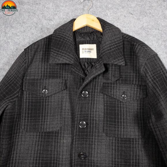 Old Navy Shacket Black Plaid Wool Blend Jacket Button Front Cabin Men's Size XL - Picture 3 of 10